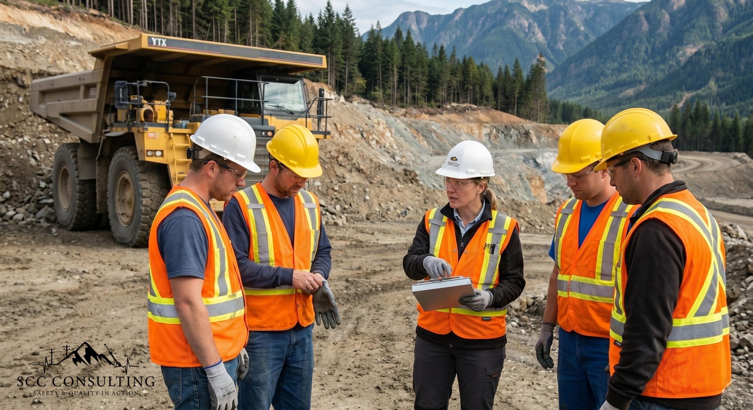 Mining safety toolbox talk with workers and supervisor in PPE