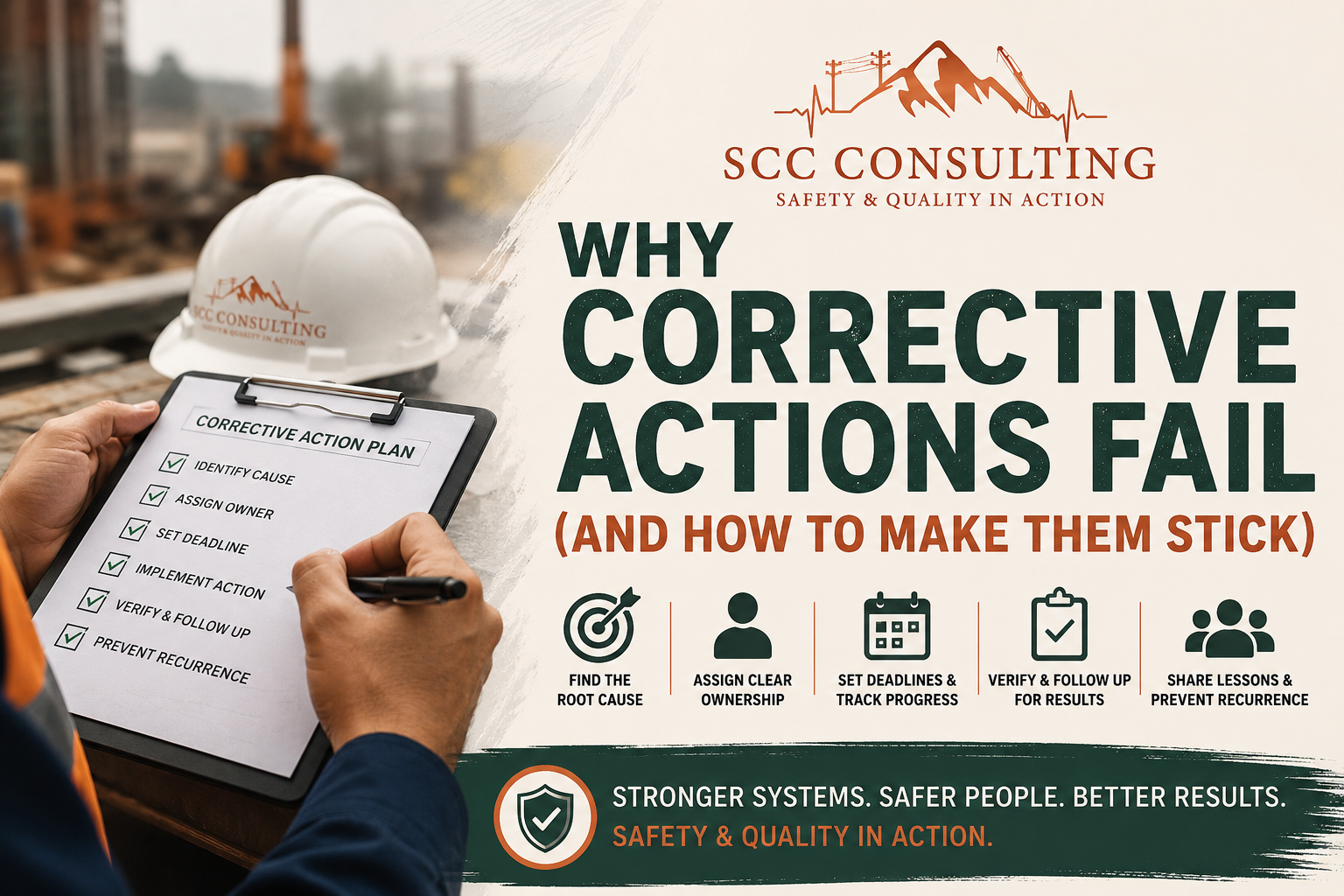 Construction safety professional reviewing a corrective action plan while highlighting key steps to prevent repeat incidents, improve accountability, and strengthen workplace safety systems.