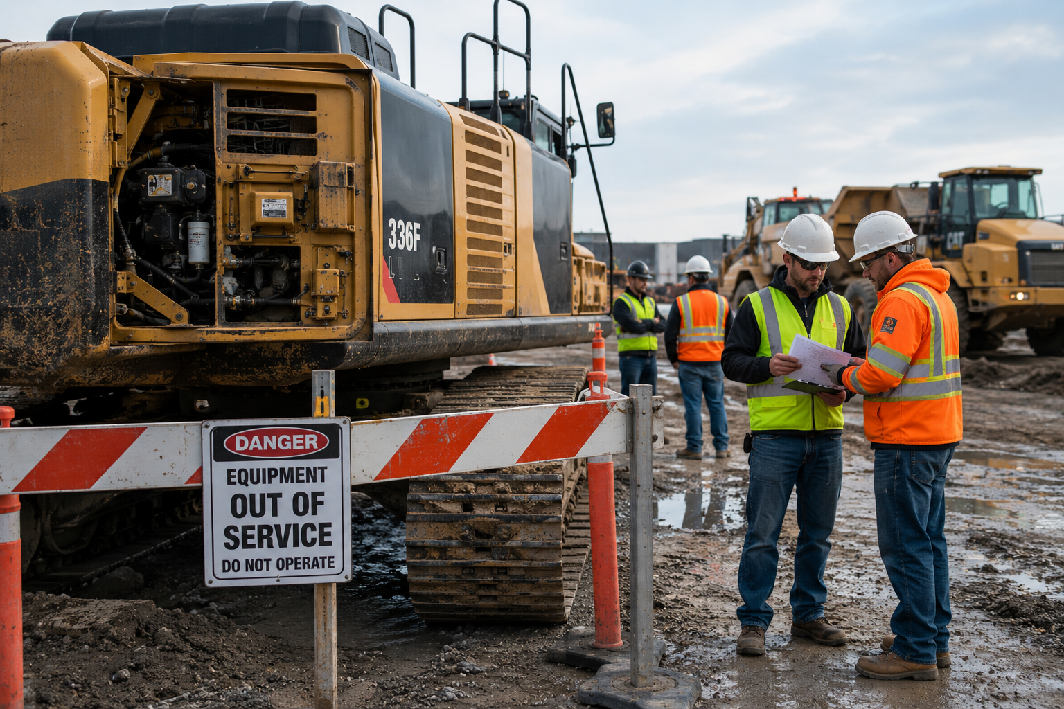 Construction equipment out of service while supervisors investigate a workplace safety issue.