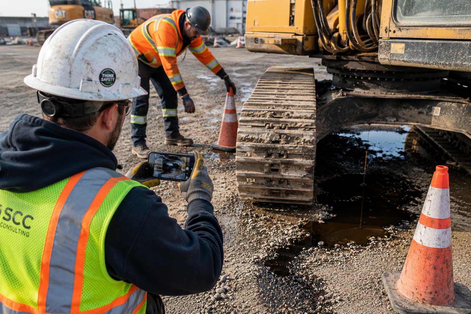 Worker reporting a near miss after discovering a hydraulic fluid leak beneath heavy construction equipment.
