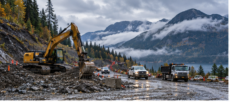Excavator, work trucks and heavy equipment at a wet British Columbia mountain construction site surrounded by autumn forest and low clouds.