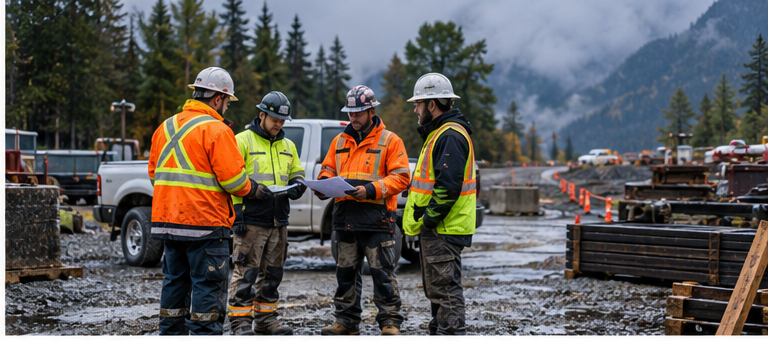 Four construction workers wearing high-visibility safety clothing and hard hats reviewing documents during a toolbox talk at a wet industrial worksite.