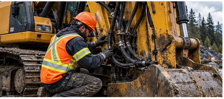 Construction equipment operator wearing a hard hat and high-visibility clothing inspecting hydraulic hoses and connections on a yellow excavator.
