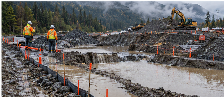 Rainwater collecting in a muddy excavation area with temporary safety barriers, workers and heavy equipment at a British Columbia construction site.