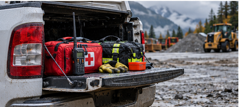 First-aid kit, two-way radio and emergency supplies arranged on the open tailgate of a work truck at an industrial construction site.