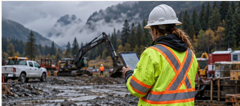 Construction safety supervisor wearing a hard hat and high-visibility jacket reviewing digital records on a tablet at a misty British Columbia worksite.